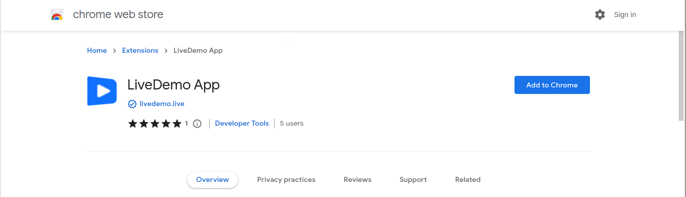 LiveDemo Chrome App Store page