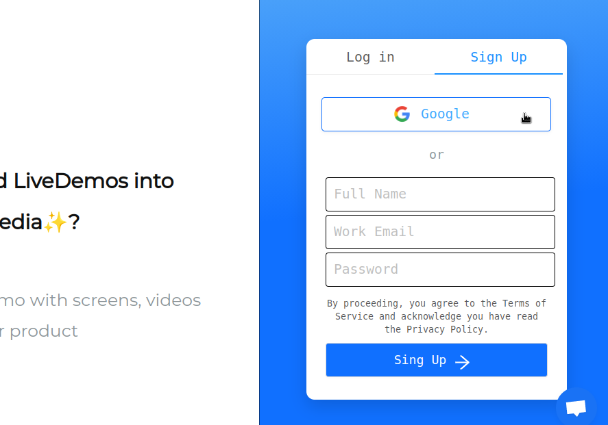 LiveDemo website sign-up page